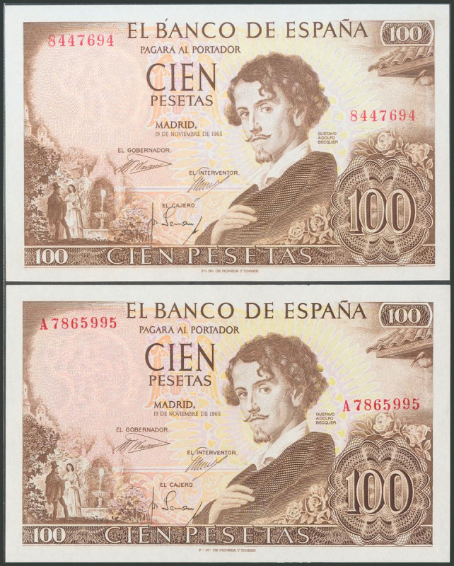 Conjunto de 2 billetes de 100 Pesetas emitidos el 19 de Noviembre de 1965, sin s...