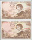 Conjunto de 2 billetes de 100 Pesetas emitidos el 19 de Noviembre de 1965, sin serie y serie A. (Edifil 2017: 470, 470a). Ambos apresto original. SC.
