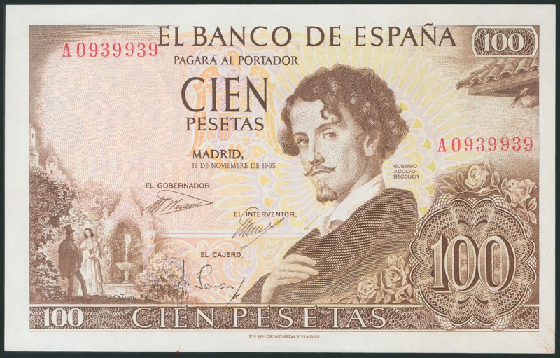 100 Pesetas. 19 de Noviembre de 1965. Serie A y numeración capicúa imperfecto A0...
