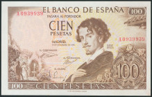 100 Pesetas. 19 de Noviembre de 1965. Serie A y numeración capicúa imperfecto A0939939. (Edifil 2017: 470a). SC.