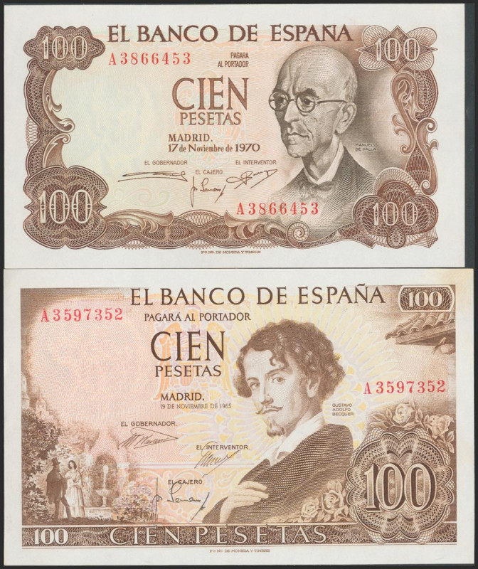 Conjunto de 2 billetes de 100 Pesetas, emitidos el 19 de Noviembre de 1965 y el ...