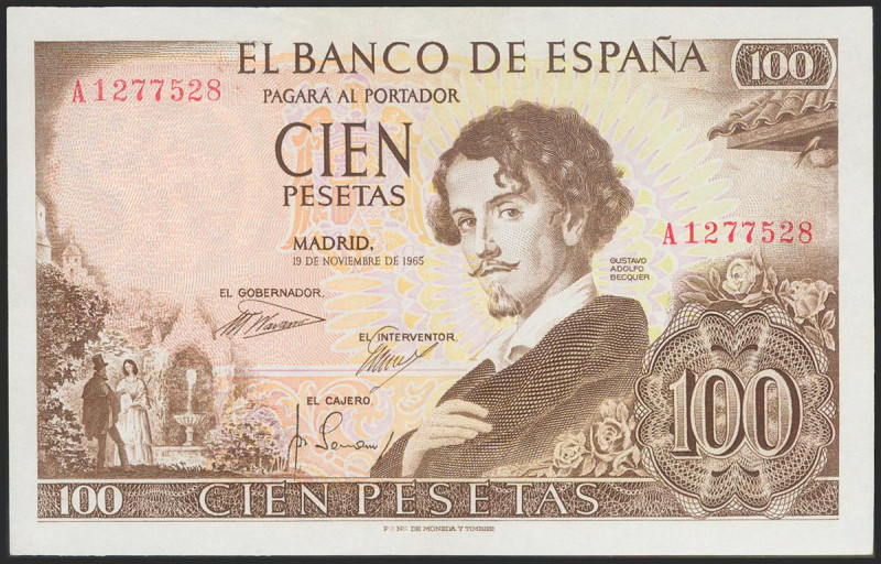 100 Pesetas. 19 de Noviembre de 1965. Serie A. (Edifil 2021: 470a). Apresto orig...