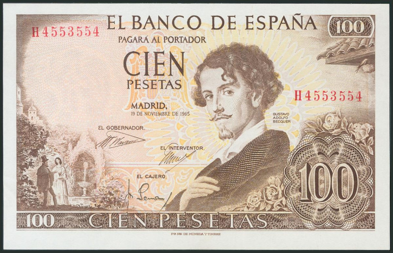 100 Pesetas. 19 de Noviembre de 1965. Serie H y numeración capicúa H4553554. (Ed...