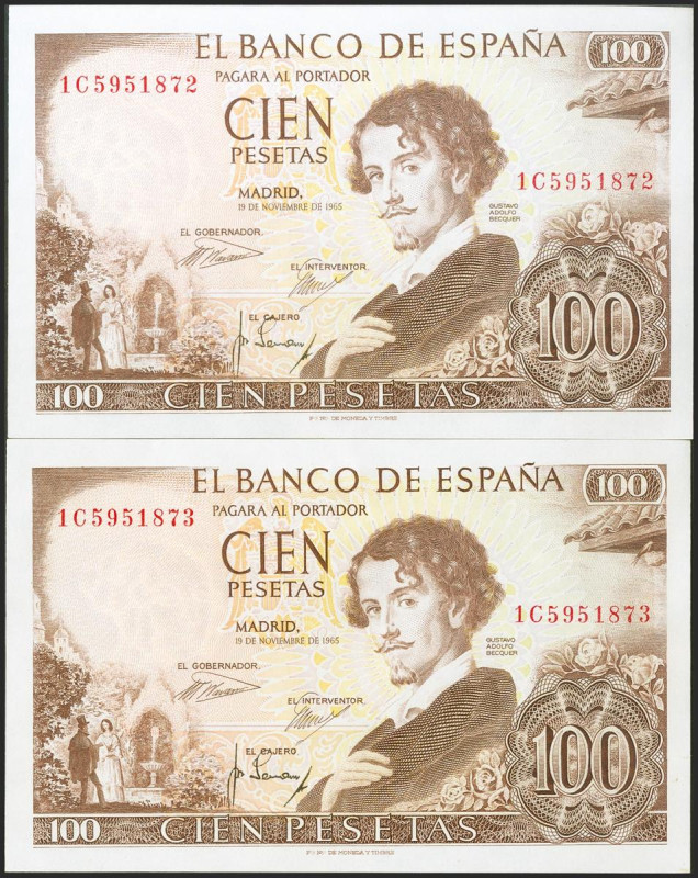 100 Pesetas. 19 de Noviembre de 1965. Pareja correlativa. Serie 1C. (Edifil 2021...