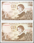 100 Pesetas. 19 de Noviembre de 1965. Pareja correlativa. Serie 1C. (Edifil 2021: 470a). Apresto original. SC.