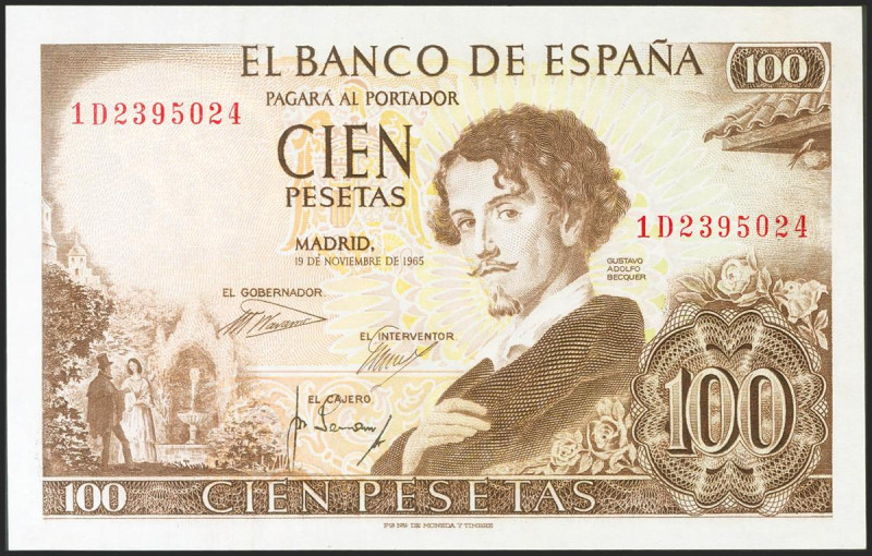 100 Pesetas. 19 de Noviembre de 1965. Serie 1D. (Edifil 2021: 470a). Conserva to...
