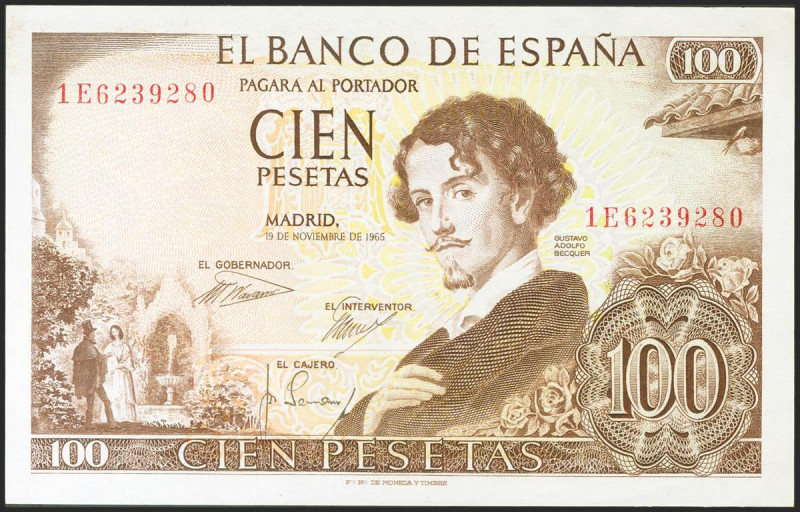 100 Pesetas. 19 de Noviembre de 1965. Serie 1E. (Edifil 2021: 470a). Conserva to...