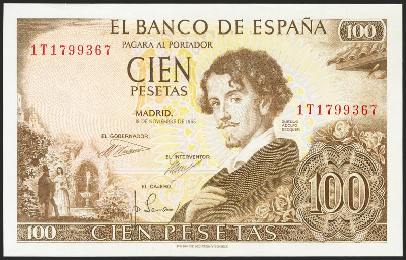 100 Pesetas. 19 de Noviembre de 1965. Serie 1T, última serie emitida. (Edifil 20...