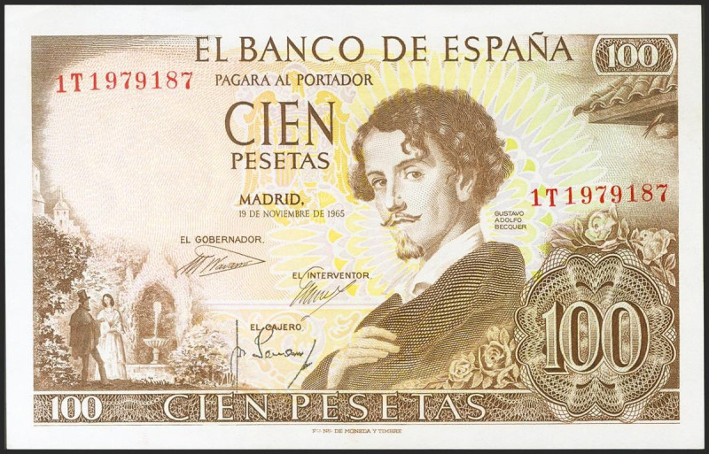 100 Pesetas. 19 de Noviembre de 1965. Serie 1T, última serie emitida. (Edifil 20...