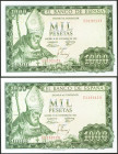 1000 Pesetas. 19 de Noviembre de 1965. Pareja correlativa. Serie E. (Edifil 2021: 471b). Conserva todo su apresto original. SC.