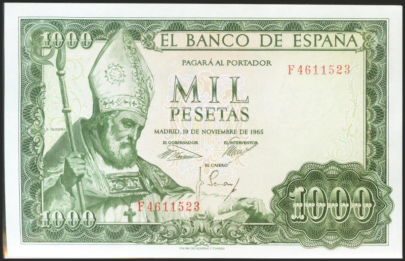 1000 Pesetas. 19 de Noviembre de 1965. Serie F. (Edifil 2021: 471b). Apresto ori...