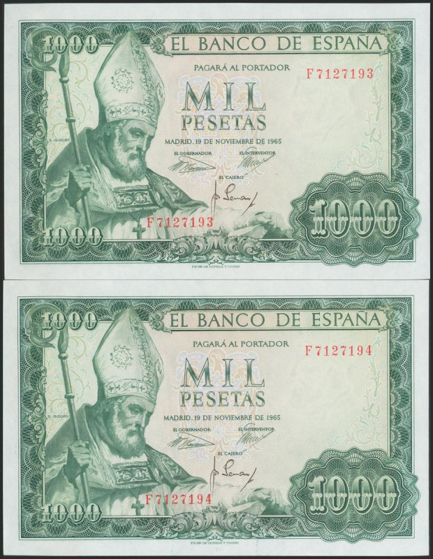 1000 Pesetas. 19 de Noviembre de 1965. Pareja correlativa. Serie F. (Edifil 2017...