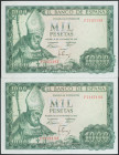 1000 Pesetas. 19 de Noviembre de 1965. Pareja correlativa. Serie F. (Edifil 2017: 471b). Conserva todo su apresto original. SC-.