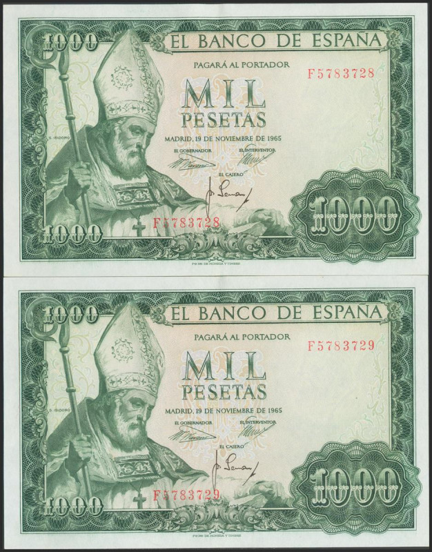 1000 Pesetas. 19 de Noviembre de 1965. Pareja correlativa. Serie F. (Edifil 2017...