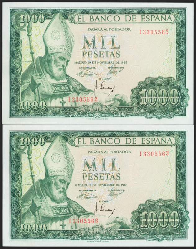 1000 Pesetas. 19 de Noviembre de 1965. Pareja correlativa. Serie I. (Edifil 2017...