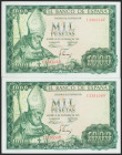 1000 Pesetas. 19 de Noviembre de 1965. Pareja correlativa. Serie I. (Edifil 2017: 471b). Conserva todo su apresto original. SC-.