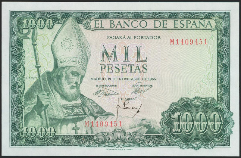 1000 Pesetas. 19 de Noviembre de 1965. Serie M. (Edifil 2017: 471b). Apresto ori...