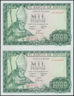 1000 Pesetas. 19 de Noviembre de 1965. Pareja correlativa. Serie M. (Edifil 2017: 471b). Conserva todo su apresto original. SC-.