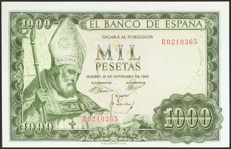 1000 Pesetas. 19 de Noviembre de 1965. Serie R. (Edifil 2021: 471b). Apresto ori...