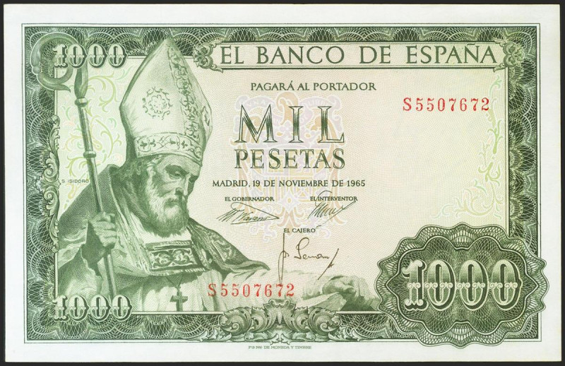 1000 Pesetas. 19 de Noviembre de 1965. Serie S. (Edifil 2021: 471b). Apresto ori...