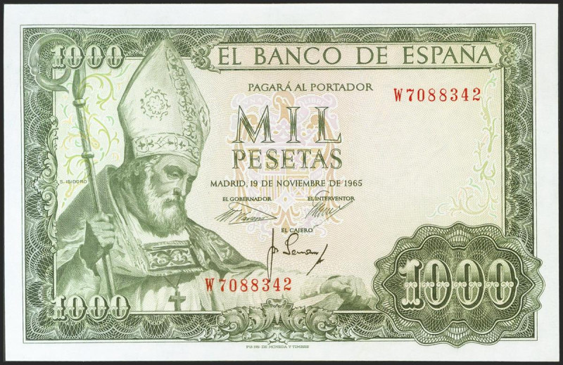 1000 Pesetas. 19 de Noviembre de 1965. Serie W. (Edifil 2021: 471b). Apresto ori...