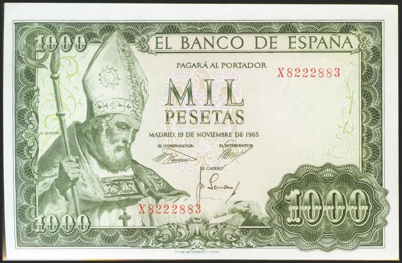 1000 Pesetas. 19 de Noviembre de 1965. Serie X. (Edifil 2021: 471b). Apresto ori...