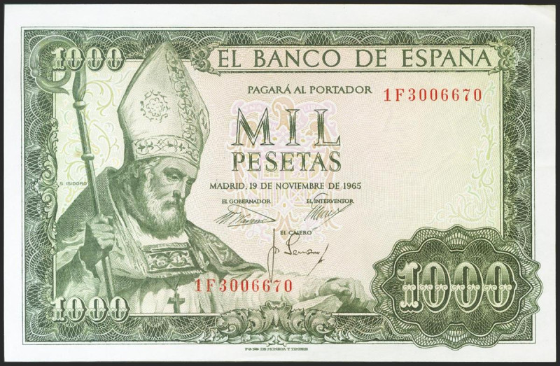 1000 Pesetas. 19 de Noviembre de 1965. Serie 1F. (Edifil 2021: 471b). Apresto or...