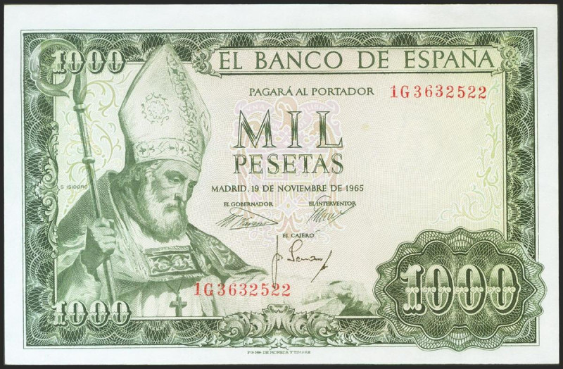 1000 Pesetas. 19 de Noviembre de 1965. Serie 1G. (Edifil 2021: 471b). Apresto or...