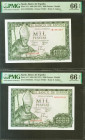 1000 Pesetas. 19 de Noviembre de 1965. Pareja correlativa. Serie 1H. (Edifil 2021: 471b, Pick: 151). Raro en esta excepcional calidad, apresto origina...
