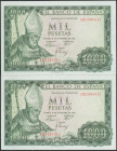 1000 Pesetas. 19 de Noviembre de 1965. Pareja correlativa. Serie 1H. (Edifil 2021: 471b). Apresto original. SC/SC-.
