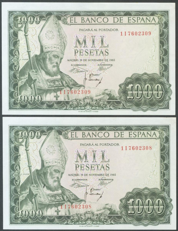 1000 Pesetas. 19 de Noviembre de 1965. Pareja correlativa. Serie 1I. (Edifil 201...