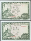 1000 Pesetas. 19 de Noviembre de 1965. Pareja correlativa. Serie 1I. (Edifil 2017: 471b). Conserva parte del apresto original, un billete puntito del ...