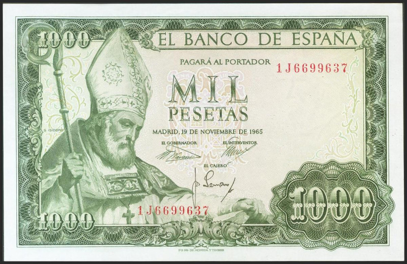 1000 Pesetas. 19 de Noviembre de 1965. Serie 1J. (Edifil 2021: 471b). Apresto or...