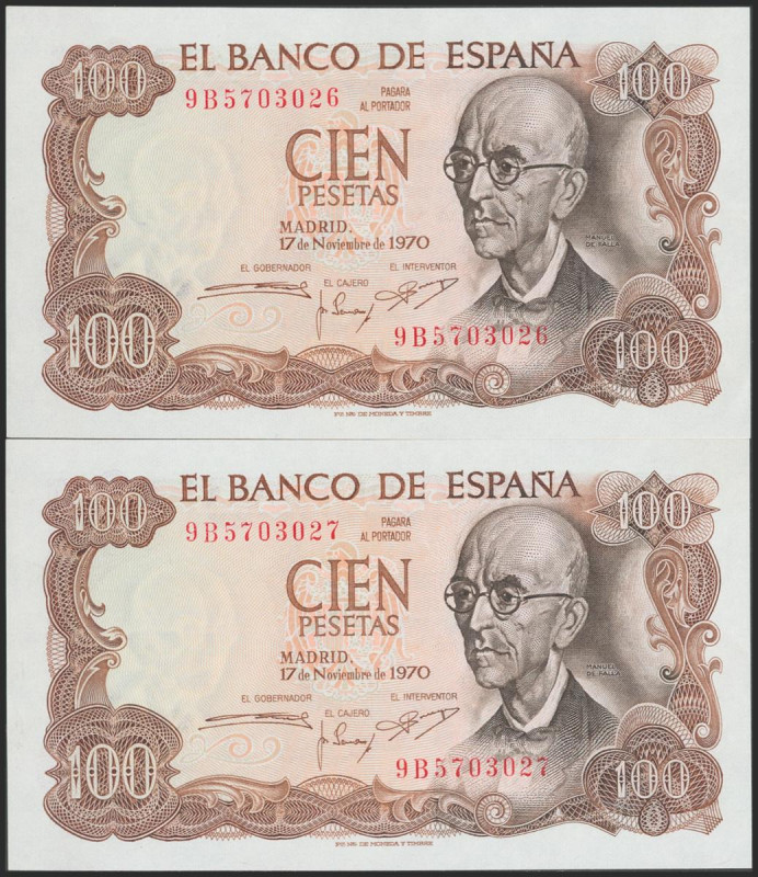 100 Pesetas. 17 de Noviembre de 1970. Pareja correlativa. Serie 9B, serie especi...