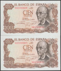 100 Pesetas. 17 de Noviembre de 1970. Pareja correlativa. Serie 9B, serie especial. (Edifil 2017: 472d). SC/SC-.