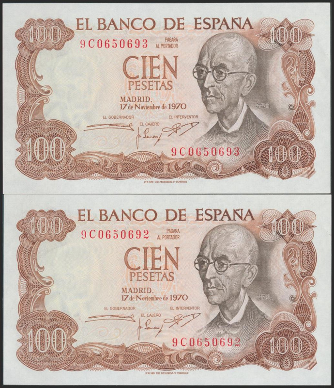 100 Pesetas. 17 de Noviembre de 1970. Pareja correlativa. Serie 9C. (Edifil 2017...