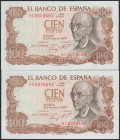 100 Pesetas. 17 de Noviembre de 1970. Pareja correlativa. Serie 9C. (Edifil 2017: 472d). Apresto original. SC/SC-.