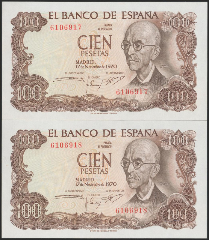 100 Pesetas. 17 de Noviembre de 1970. Pareja correlativa. Sin serie. (Edifil 201...