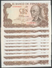 Conjunto de 10 billetes correlativos de 100 Pesetas, emitidos el 17 de Noviembre de 1970 y con la serie A (Edifil 2017: 472a). SC/EBC+.