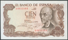 100 Pesetas. 17 de Noviembre de 1970. Serie A y numeración capicúa. (Edifil 2017: 472a). SC.