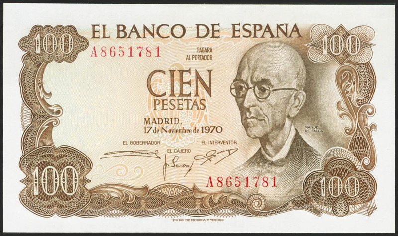 100 Pesetas. 17 de Noviembre de 1970. Serie A. (Edifil 2017: 472a). Conserva tod...