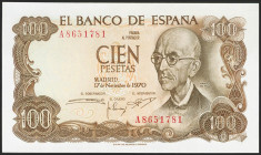 100 Pesetas. 17 de Noviembre de 1970. Serie A. (Edifil 2017: 472a). Conserva todo si apresto original. SC.