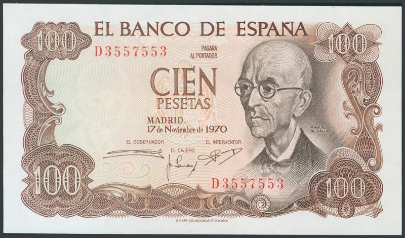 100 Pesetas. 17 de Noviembre de 1970. Serie D y numeración capicúa. (Edifil 2017...