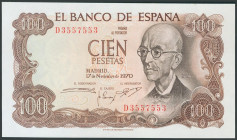 100 Pesetas. 17 de Noviembre de 1970. Serie D y numeración capicúa. (Edifil 2017: 472b). SC.