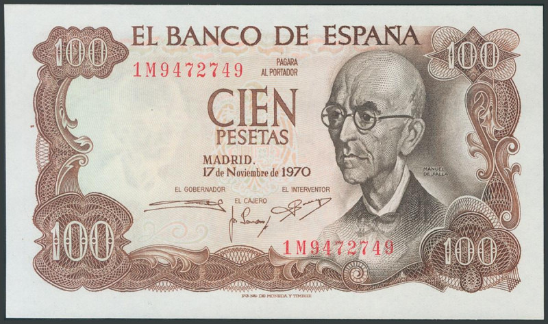 100 Pesetas. 17 de Noviembre de 1970. Serie 1M y numeración capicúa. (Edifil 201...