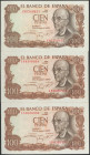 Conjunto de 3 billetes en tramos correlativos de 100 Pesetas, emitidos el 17 de Noviembre de 1970, con la serie 1N (Edifil 2017: 472c), con su apresto...