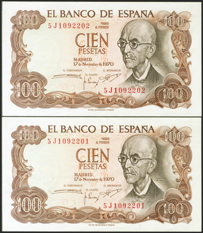 100 Pesetas. 17 de Noviembre de 1970. Pareja correlativa. Serie 5J. (Edifil 2021...