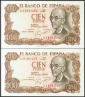 100 Pesetas. 17 de Noviembre de 1970. Pareja correlativa. Serie 5J. (Edifil 2021: 472c). Apresto original. EBC+.