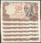 Conjunto de 6 billetes en tramos correlativos de 100 Pesetas, emitidos el 17 de Noviembre de 1970, con la serie 5V (Edifil 2017: 472c), con su apresto...