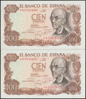 100 Pesetas. 17 de Noviembre de 1970. Pareja correlativa. Serie 6W. (Edifil 2021: 472c). SC.